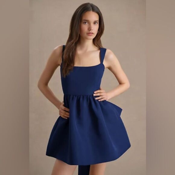 SACHIN + BABI Blaine Taffeta Square Neck Bow Train Mini Dress BHLDN Navy New 4 - Picture 3 of 12